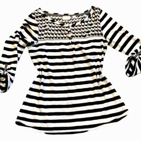 Anthropologie Postage Stamp S Henley Top Black White Stripe Roll Tab Sleeve 52K - Picture 6 of 11